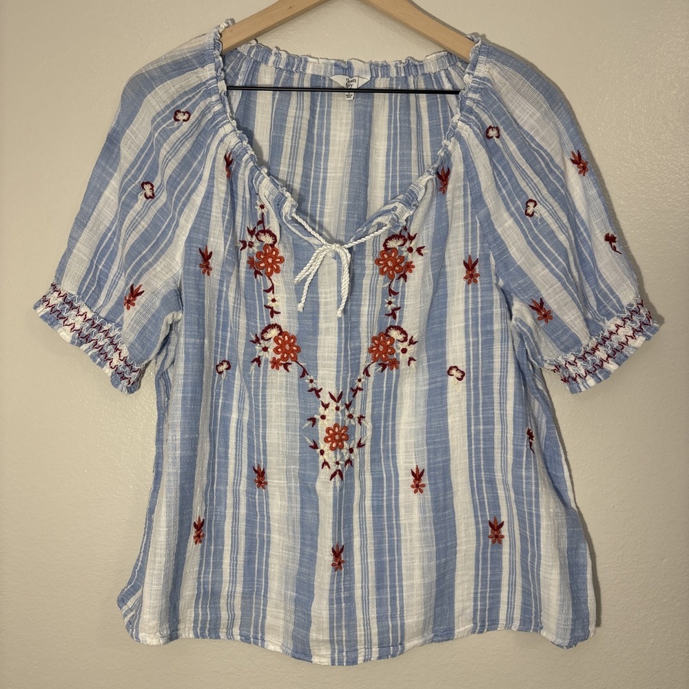 Crown & Ivy Womens Blue & White Striped Tunic Top Sz L Babydoll Boho Embroidered